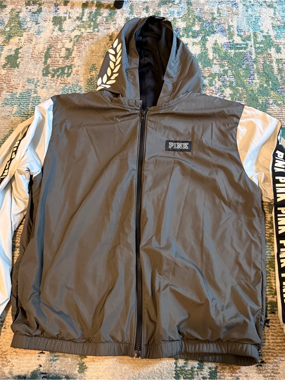 PINK Victoria's Secret Olive and White Men's Hooded Windbreaker